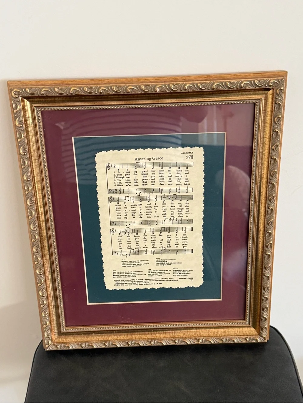 Ornate Gold Framed 'Amazing Grace' Sheet Music Wall Art - Burgundy & Teal Mat
